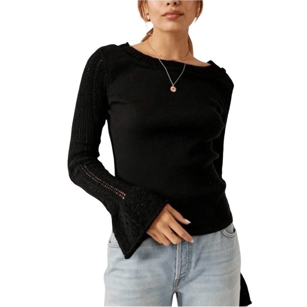 Free People Cuffing Season Crochet Bell Sleeve Top Size L Black Boho Whimsigoth